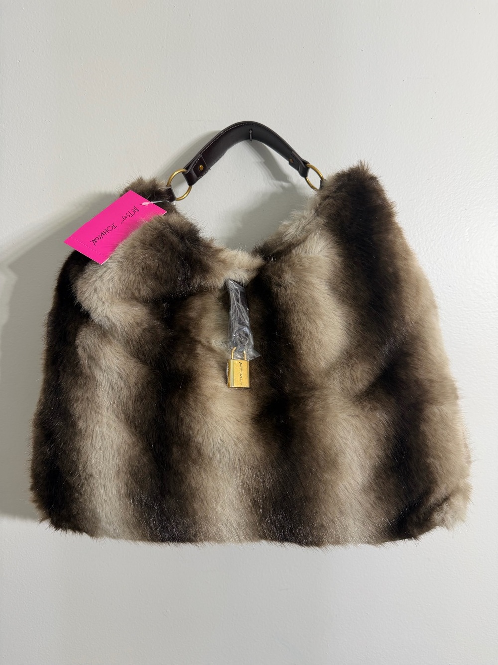 Betsey Johnson Xotelly Faux Fur Striped Hobo Bag Purse with Lock NWT